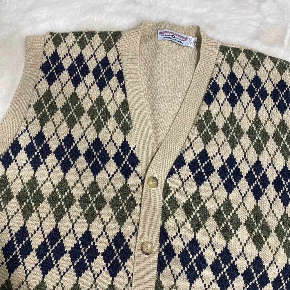 Vintage Argyle Grandpa Sweater Vest‎ Beige Green Navy XL Cotton Preppy Golf